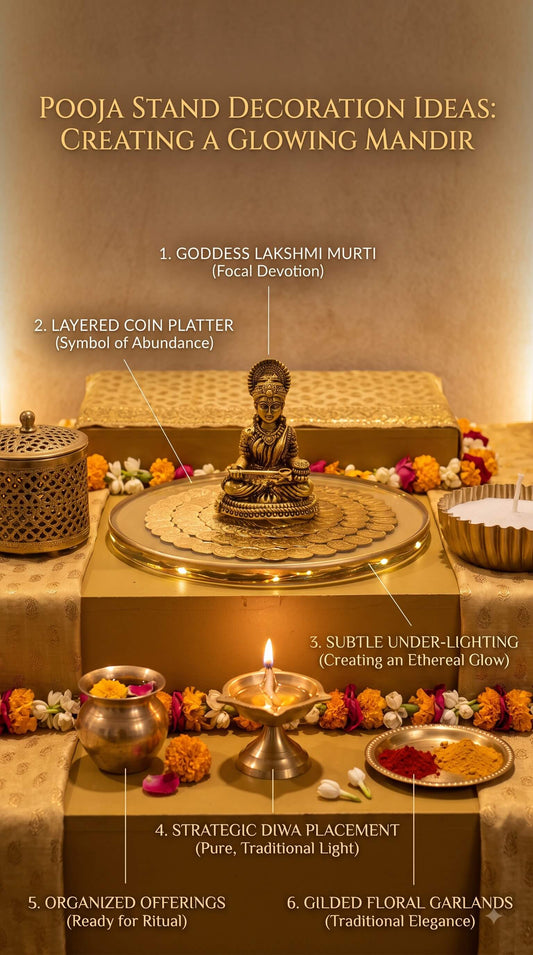 Lakshmi Peeta decorated with fresh marigolds and lit diyas showcasing beautiful pooja stand decoration ideas