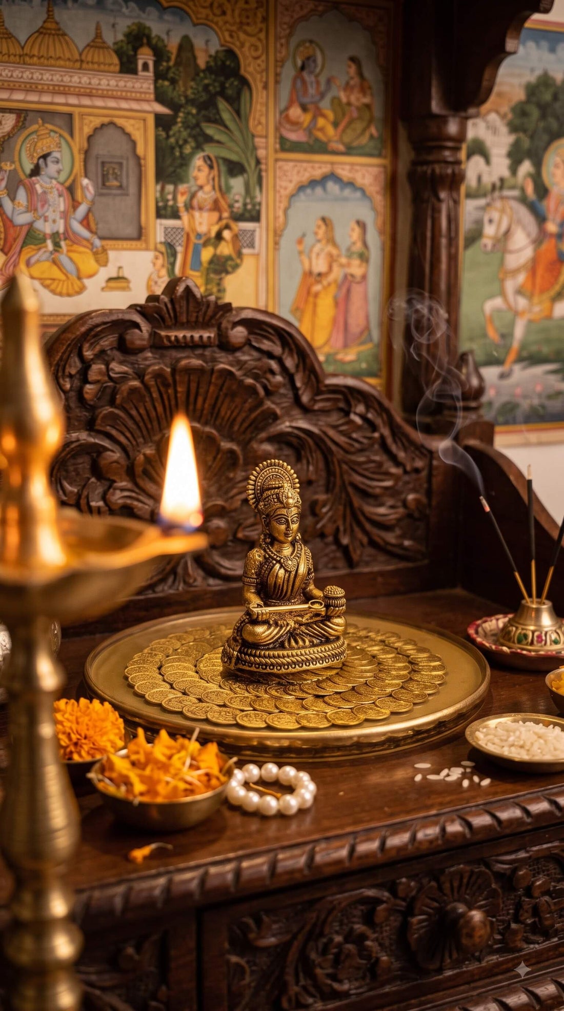 Clear Krystalline Shila Lakshmi Peeta used as a durable termite free alternative to a traditional wooden mandir stand