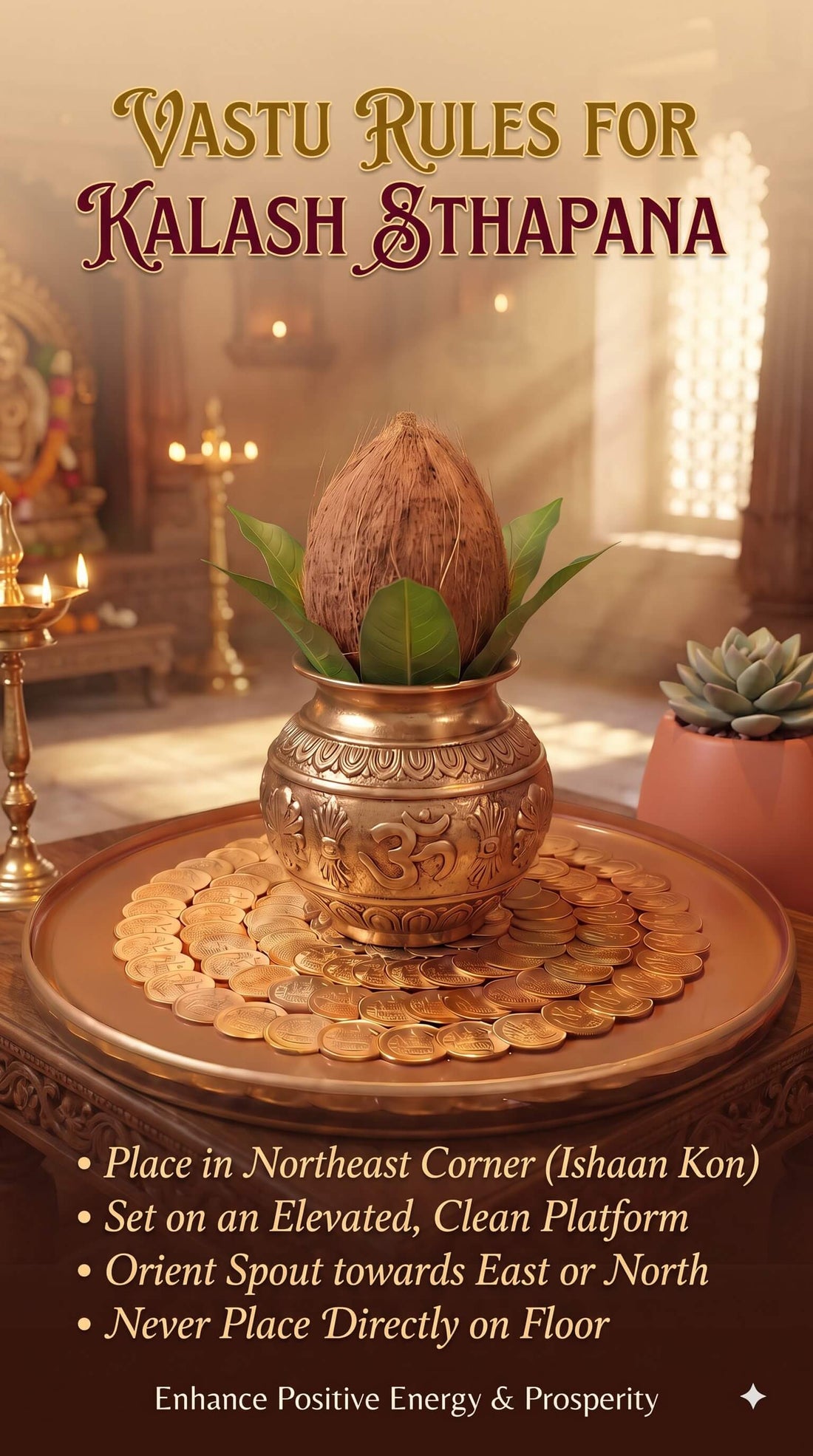 Vastu compliant Kalash Sthapana setup placed on a waterproof Lakshmi Peeta in the northeast corner