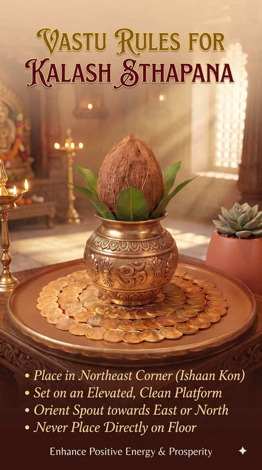 Vastu compliant Kalash Sthapana setup placed on a waterproof Lakshmi Peeta in the northeast corner