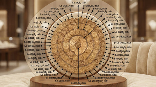 Lakshmi Peeta featuring a mathematically perfect circular arrangement of exactly 108 embedded Lakshmi coins